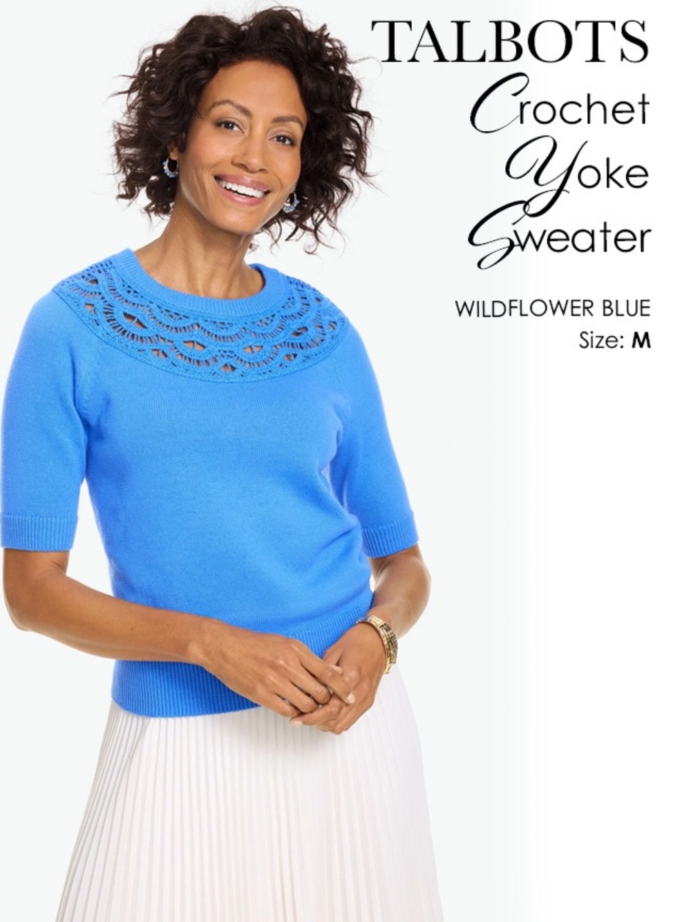 Talbots Wildflower Blue Crochet Yoke Sweater - Crew Neck